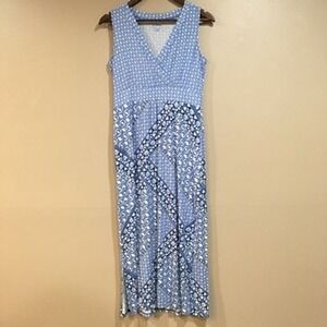 LL Bean Sleeveless Maxi Dress Petite Small Blue White Geometric Coastal Casual
